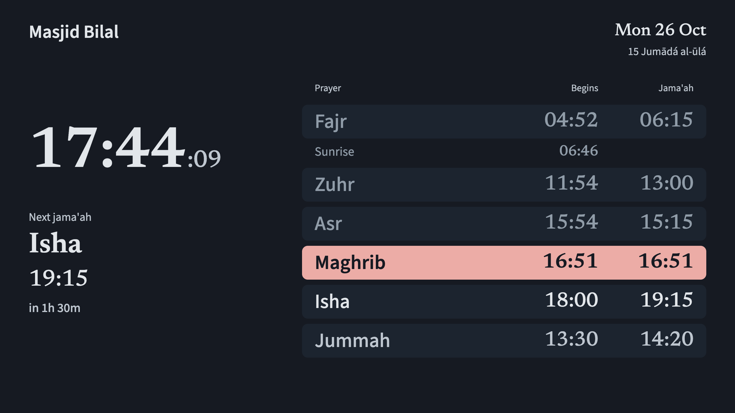 TV display showing a large clock, next jama'ah, and today's prayer board for Masjid Bilal